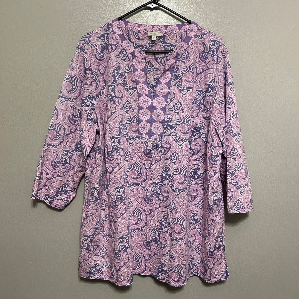 Talbots Tunic Top 2X Purple Pink Paisley Mandala 100% Cotton Boho Preppy Coastal
